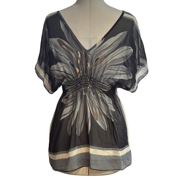 Semi-Sheer Floral Handkerchief Blouse Women's XS (0-2) Black Gray Boho Indie Hip - Picture 6 of 13